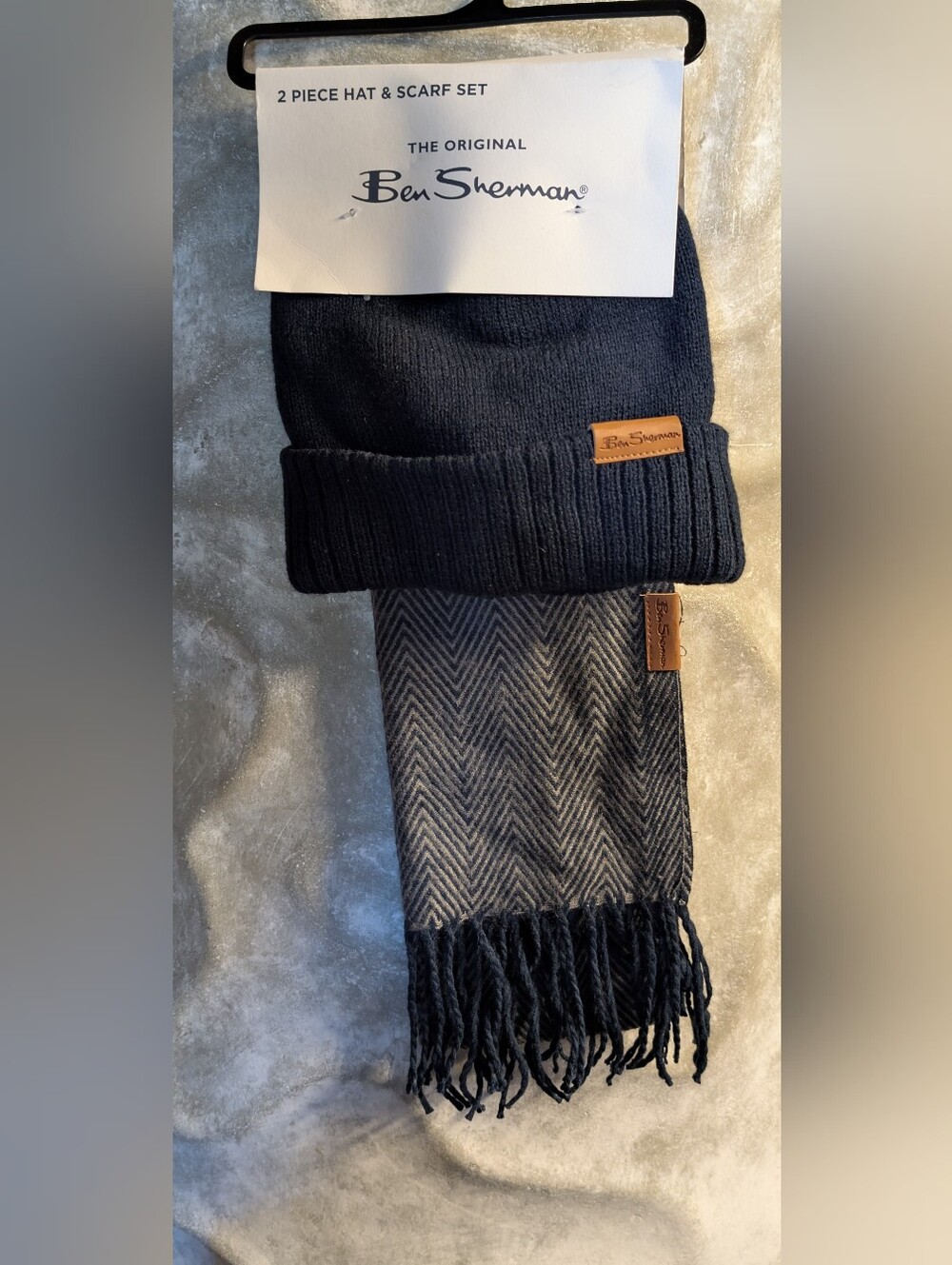 Ben Sherman Navy Ribbed Beanie with Navy/Gray Herringbone Scarf